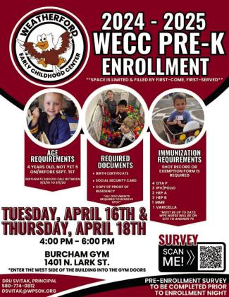 ► Pre-k enrollment for 2024-25 will be 4-6 p.m. April 16 and April 18 on the west side of the Burcham Elementary Gym, 1401 N. Lark St. A pre-enrollment survey needs to be completed prior to enrollment night. Weatherford Early Childhood Center will be at the old West Elementary building. The WECC will have students in Pre-k, which is 3 and 4 year olds. Dru Svitak will be the new principal.